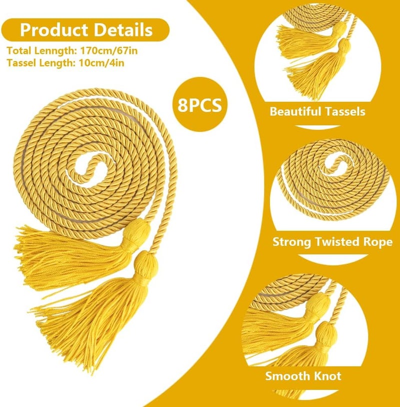 Cidenbio Graduation Cords Bulk 8 PCS Honor Cords for Graduation Ropes Gold Grad Cord 67" Long Braided Cord with Tassels Yellow Grad Accessories for Bachelor Master Honor Ropes for Decorations Bachelor Gown - Image 2